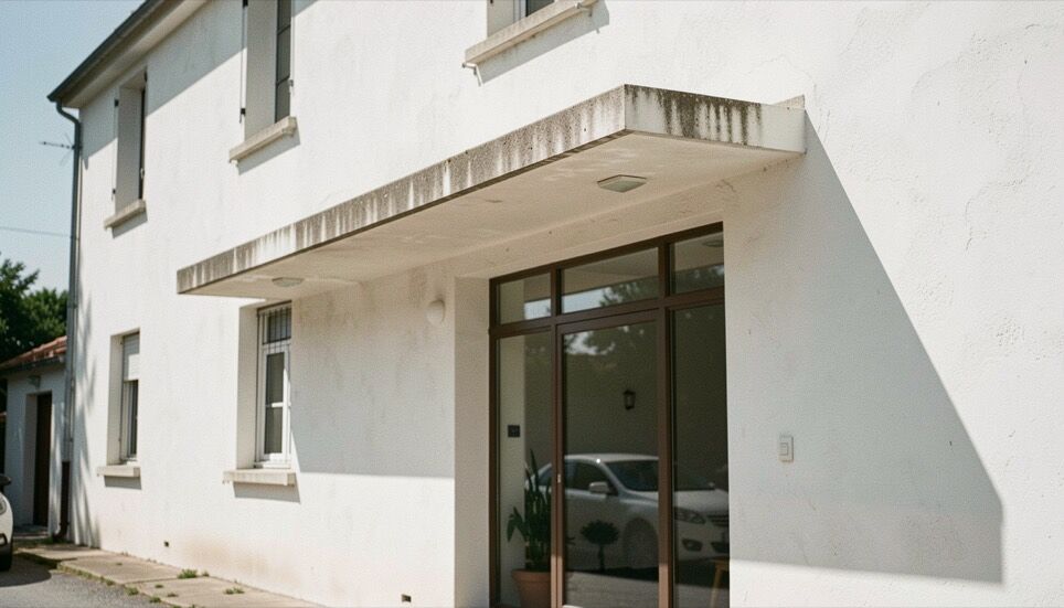 Façade blanche en enduit à la chaux sous le soleil de midi, long auvent de béton en porte-à-faux au-dessus d’une grande baie vitrée et ombre nette découpée en biseau sur le mur