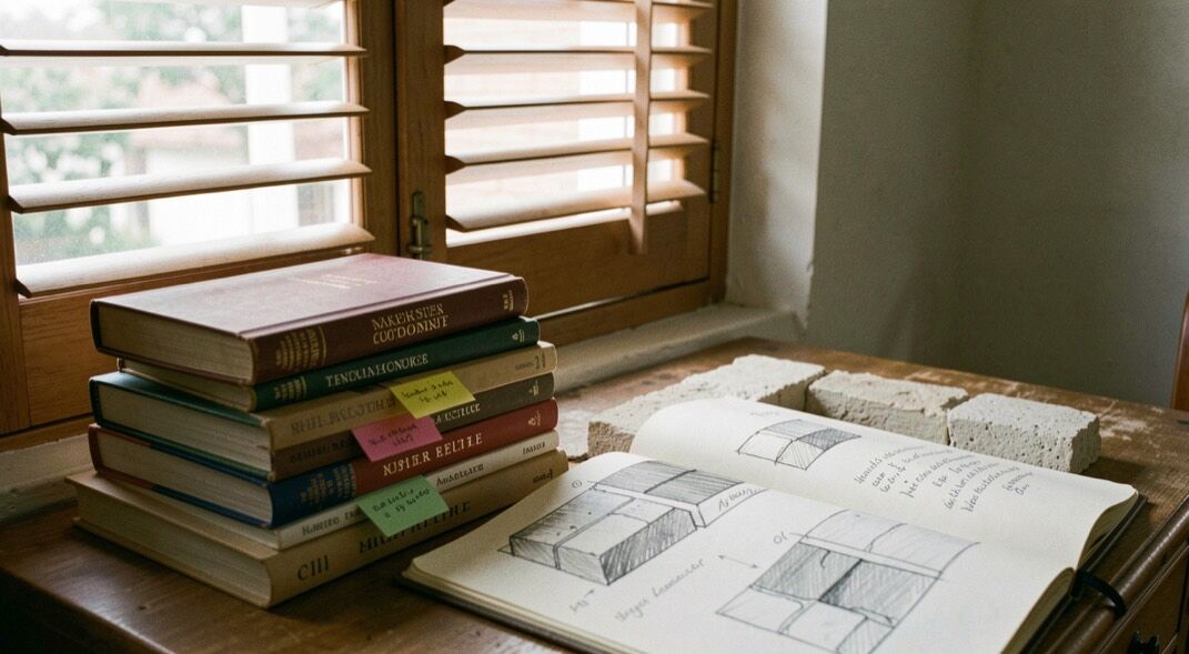 Coin de rédaction sous une fenêtre à volet persienné, pile de traités d’architecture annotés de marque-pages, cahier de croquis ouvert sur une coupe de mur à la chaux