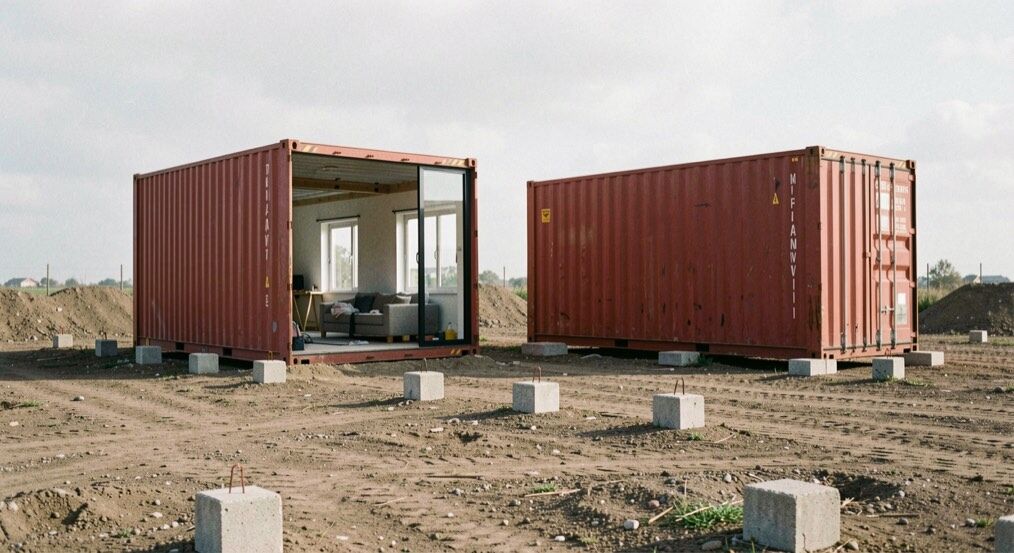Deux conteneurs maritimes rouges posés en quinconce sur des plots de béton au milieu d’un terrain sec, l’un ouvert par une grande baie vitrée découpée dans sa paroi longue laissant voir un séjour en travaux