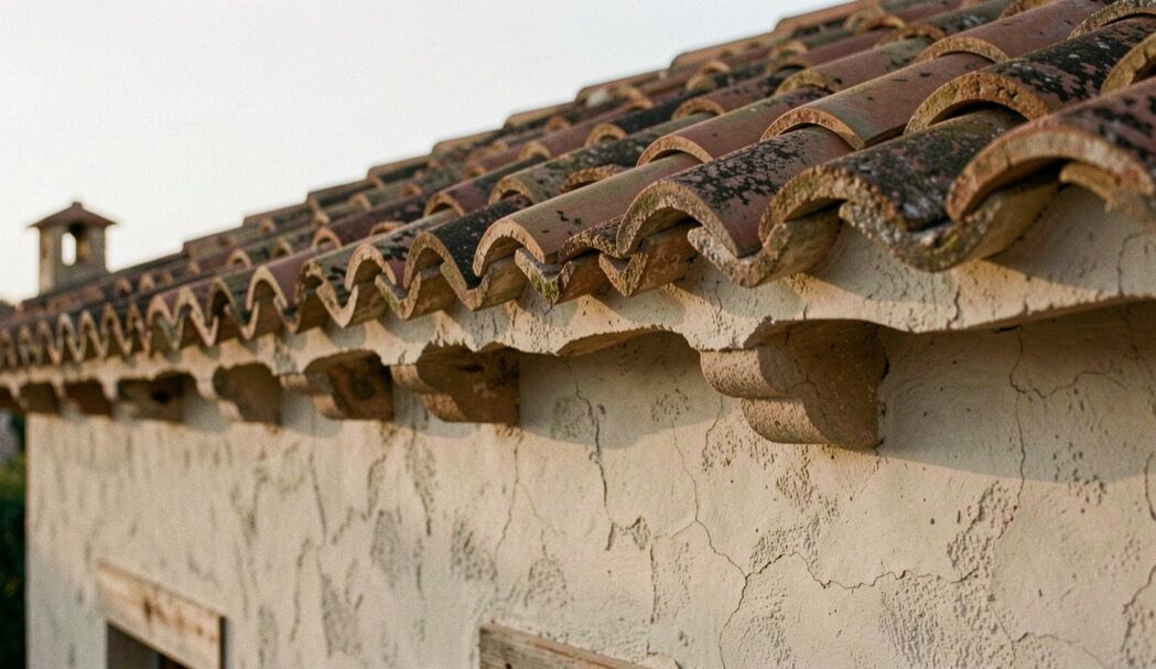 Haut de façade d’une maison provençale enduite à la chaux, rangs de tuiles canal en encorbellement maçonnés sous la rive de toit, ombre du soir marquant chaque rang de tuile
