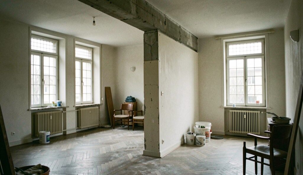 Intérieur de maison des années 1960 en rénovation, cloison centrale retirée laissant voir la poutre de reprise béton, parquet point de Hongrie grisé par les travaux et fenêtres d’origine à petits carreaux