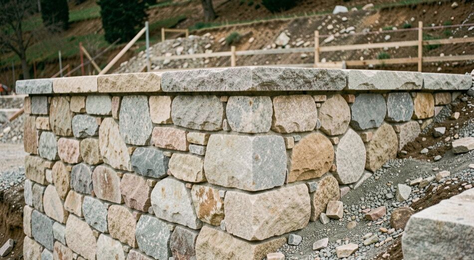 Mur de soutènement en moellons de pierre calcaire extraite du chantier, appareil polygonal à joints pierre apparente et couronnement en pierre de taille, terrain en terrasse derrière