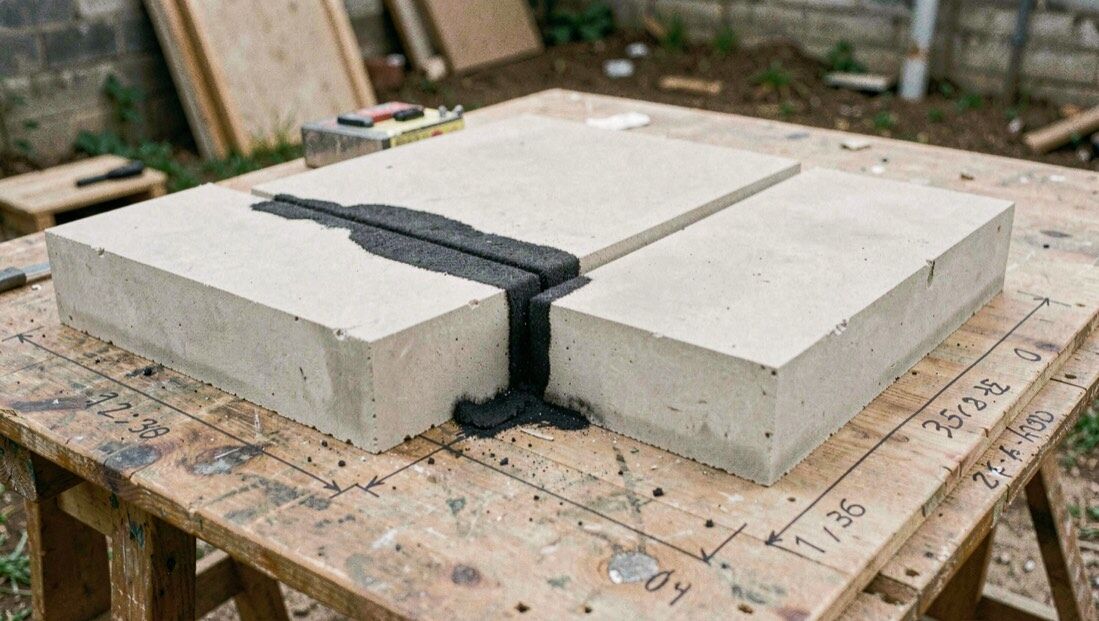 Plan de niveau d’une maison modulaire posé sur une table de chantier, deux boîtes rectangulaires jointes par un joint de dilatation noirci au feutre, cotes écrites à la main dans la marge