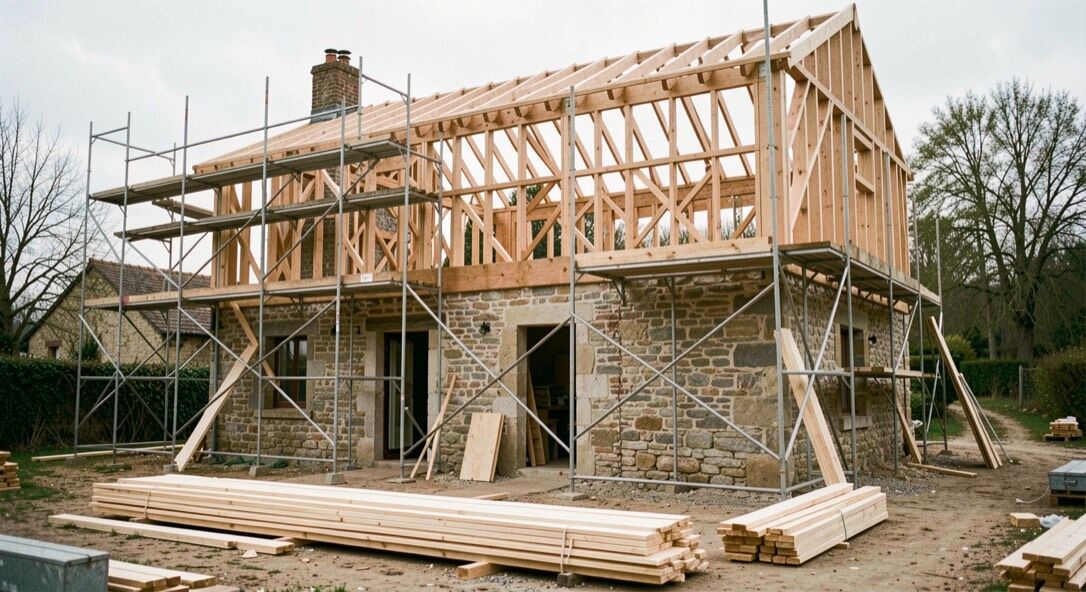Maison de village surélevée en cours de travaux, étage neuf en ossature bois au-dessus de murs de pierre, charpente livrée à plat au sol et échafaudage ceinturant la reprise