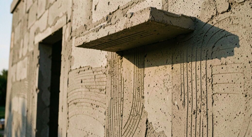 Voile de béton brut de décoffrage en fin de journée, parement marqué par les traces de banche, casquette coulée en porte-à-faux au-dessus d’une baie et ombre portée nette sur le mur