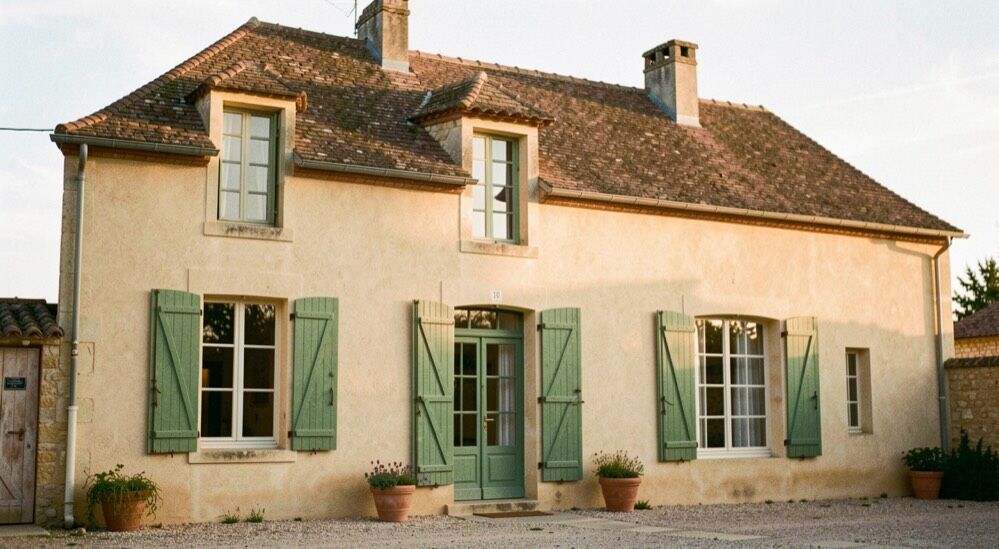 Façade d’une bastide provençale à la fin de l’après-midi, enduit à la chaux ocre clair, volets persiennés bois verts à moitié fermés et toiture de tuiles canal à quatre pentes