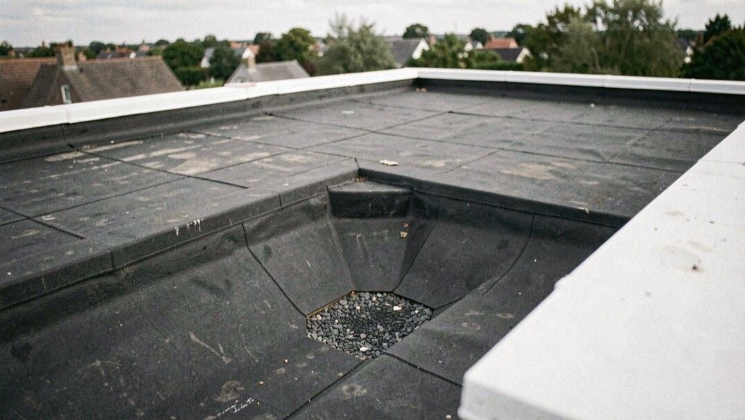 Toiture terrasse en cours d’achèvement vue en perspective rasante, complexe d’étanchéité bitumineux noir, avaloir de grave central et relevé remontant le long d’un acrotère blanc