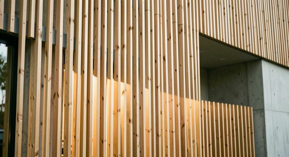 Façade contemporaine habillée d’un bardage de lames verticales en mélèze non traité, les lames ajourées du bas laissant passer la lumière sur un mur de béton visible en retrait