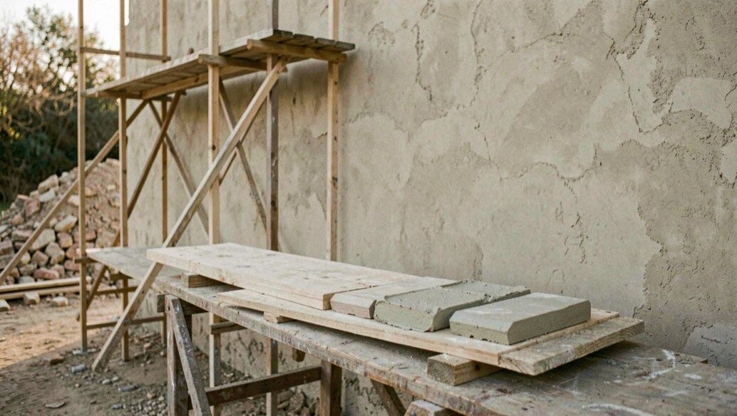 Chantier au repos en fin de journée : échafaudage de bois contre un mur d’enduit à la chaux, banche posée à plat et échantillons d’enduit alignés sur une planche