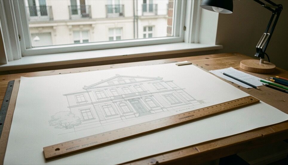 Table à dessin d’architecte sous une fenêtre haute, tirage de façade au crayon, règle en hêtre et calque de coupe posé en travers, lumière douce du matin sur le papier calque