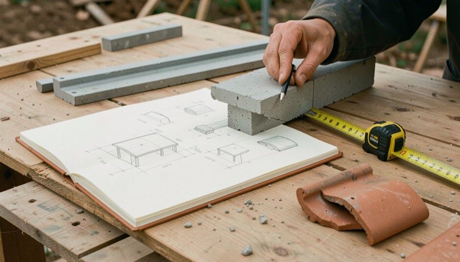 Carnet de croquis ouvert sur une table de chantier en bois, coupe au crayon d’un auvent de béton en porte-à-faux, mètre ruban et éclat de tuile canal posés à côté