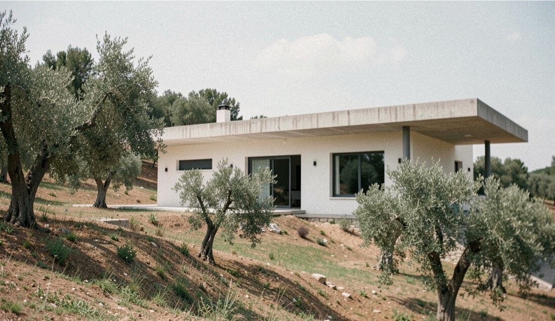 Maison neuve de plain-pied en enduit clair posée sur un terrain en pente planté d’oliviers, longue casquette de béton filant au-dessus de la façade sud