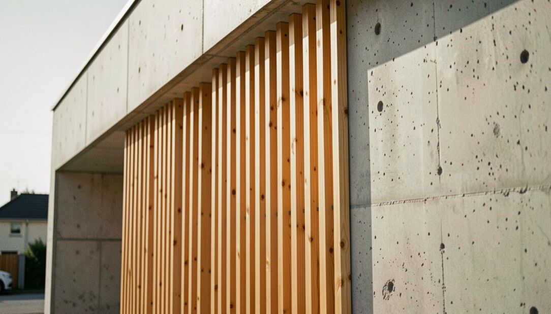 Détail de façade contemporaine où un bardage de mélèze ajouré rencontre un mur de béton brut banché, la lumière rasante marquant chaque lame et chaque joint