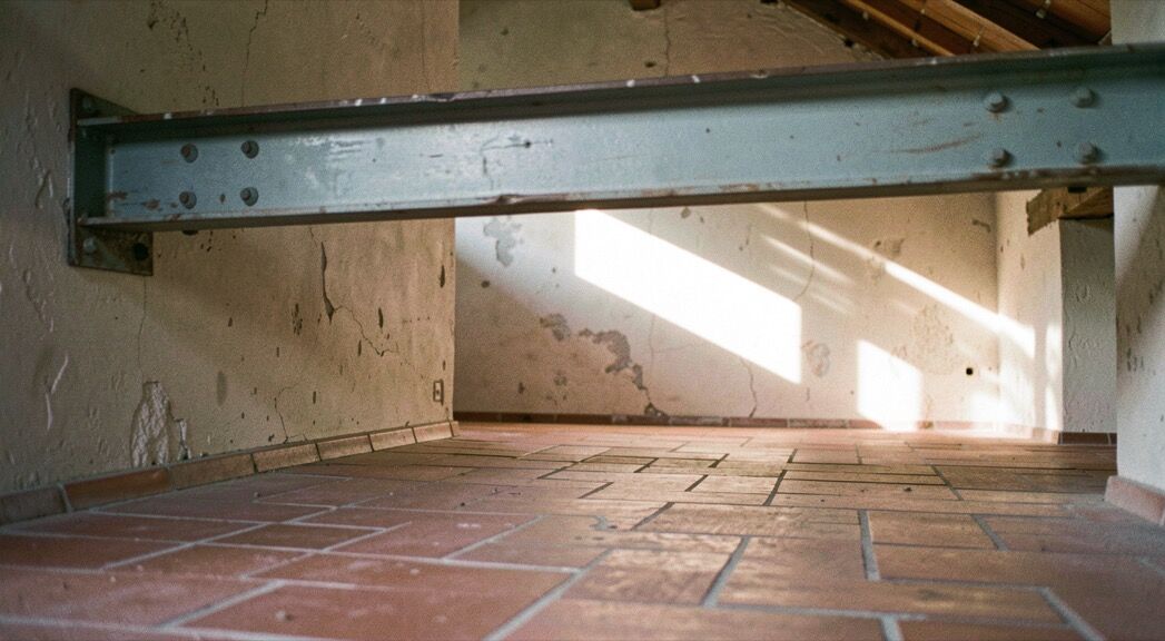 Séjour traversant au sol de tomettes rouges, cloison remplacée par une poutre métallique peinte et rayon de soleil oblique posé sur le mur du fond